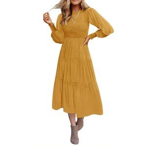 Zesica High Waist Smocked Flowy Tiered Midi Dress Yellow Women's Medium